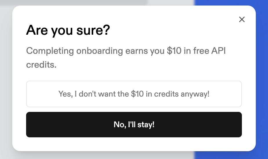 Exa modal showing $10 incentive to complete onboarding